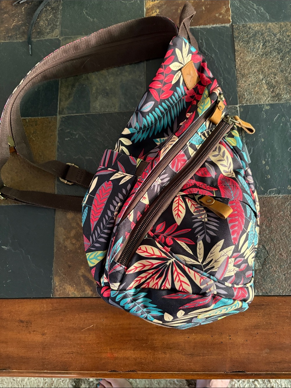 Lovevook Canvas Leaf Print Crossbody Sling Bag - Multi colored leaf design EUC